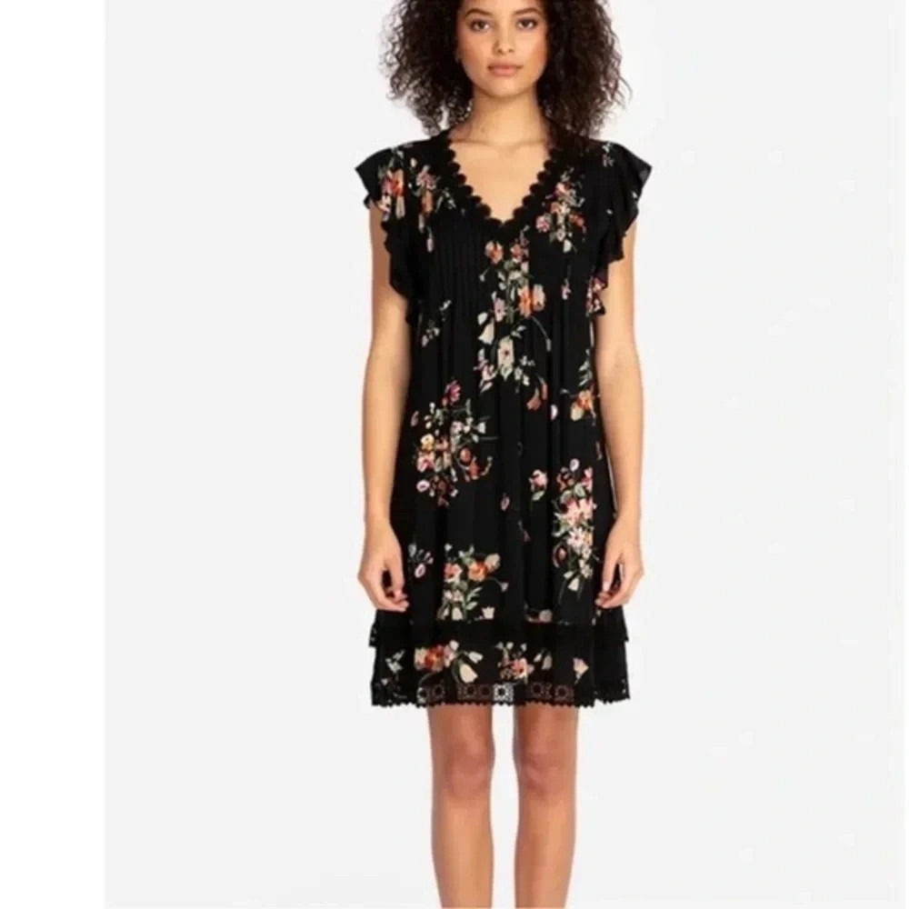 Johnny Was Jade Palma Pintuck‎ Black Floral Mini Tunic Dress Lace Trim Small